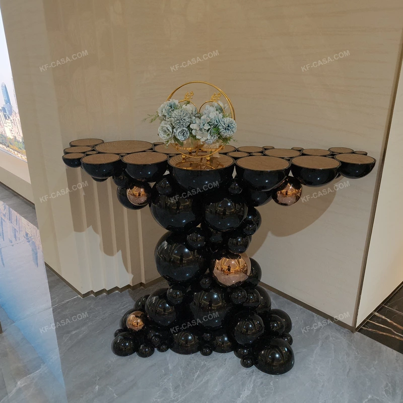 Sculptural Bubble Console Table with High-Gloss Black Spheres and Rose Gold Accents